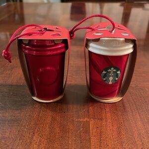 2 Starbucks To Go Red Cup Mini Mug Cup Ceramic Christmas Ornament 2014 N…